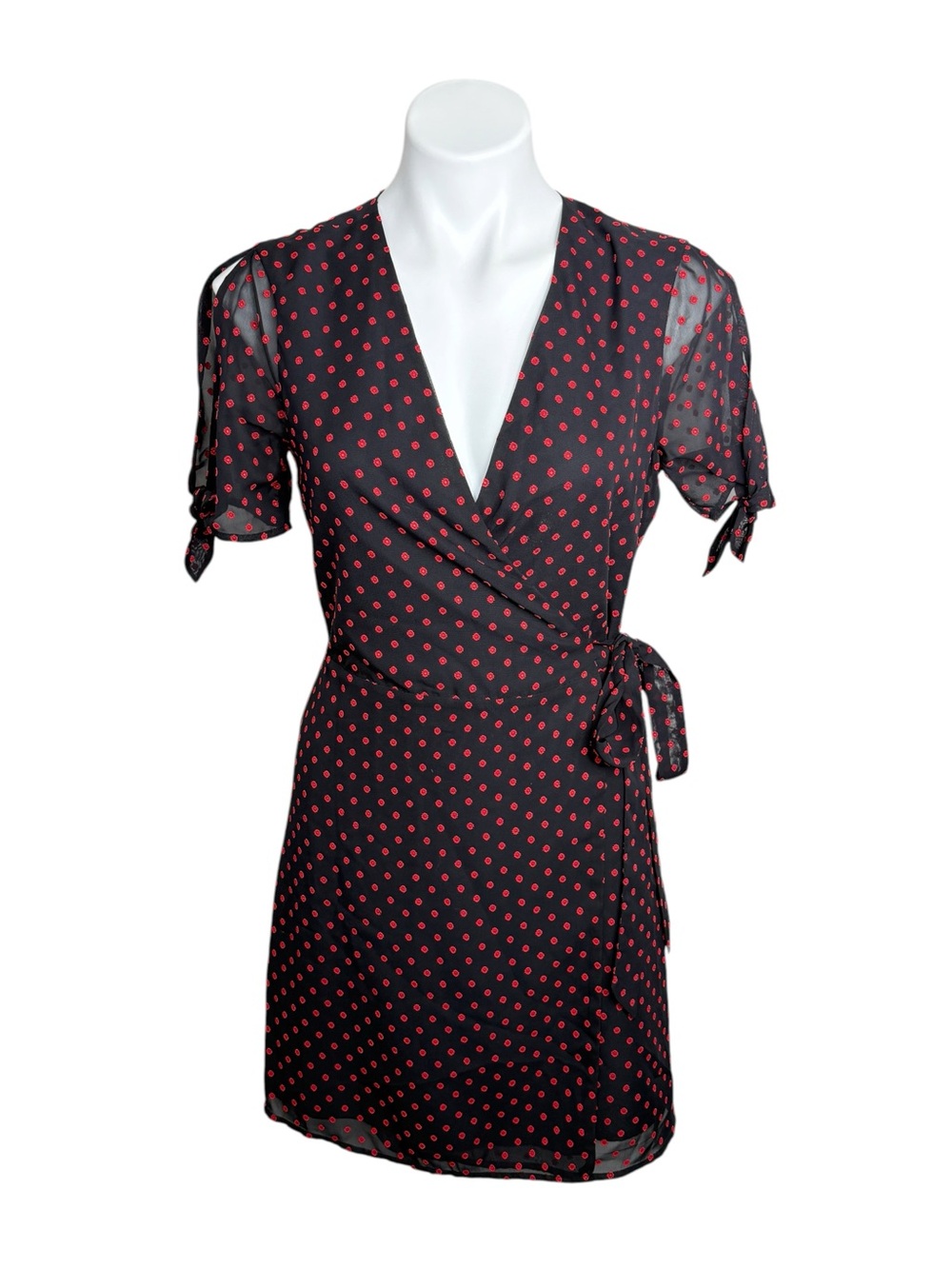 BCBGeneration Black Red Polka Dot Wrap Mini Dress Small Tie Sleeve Party Cocktai
